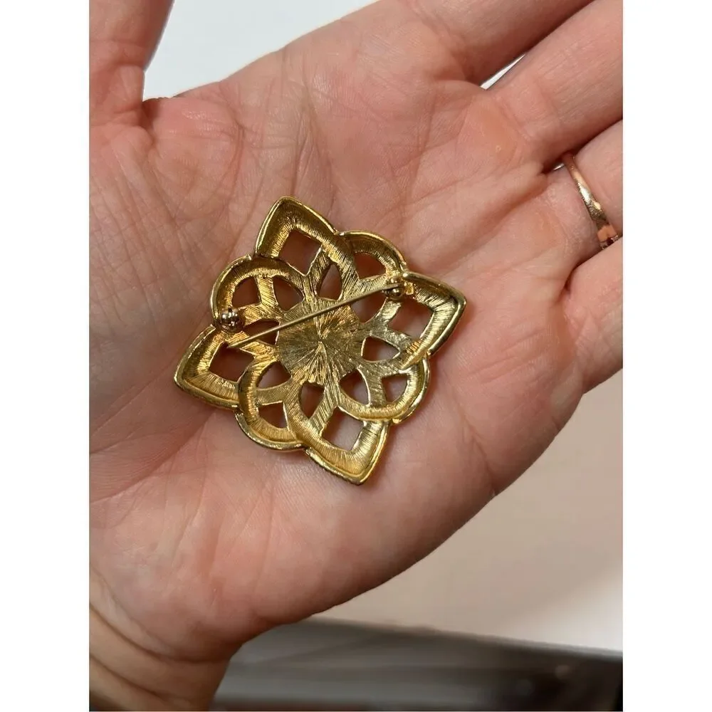 Vintage Gold-Tone Filigree Brooch with Faux Pearl Center